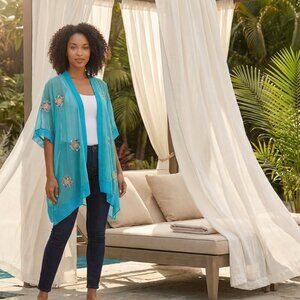 Floral Embroidered Sheer Kimono Cardigan | Teal/Turquoise Open-Front Lace Trim